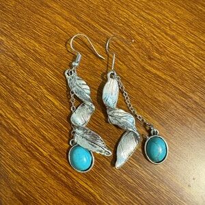 Boho earrings Silver and Turquoise Leaf Dangle Earrings